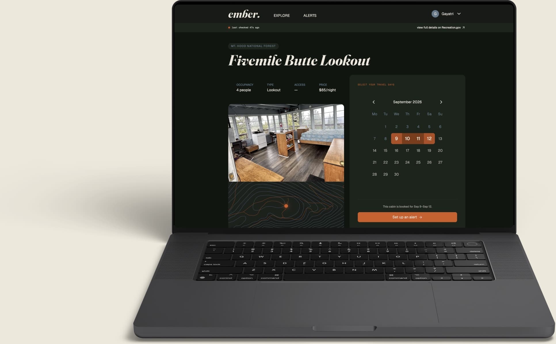 Ember's cabin page for Firemile Butte Lookout in Mt Hood National Forest, showing four nights selected on the availability calendar and a button to set up an alert.